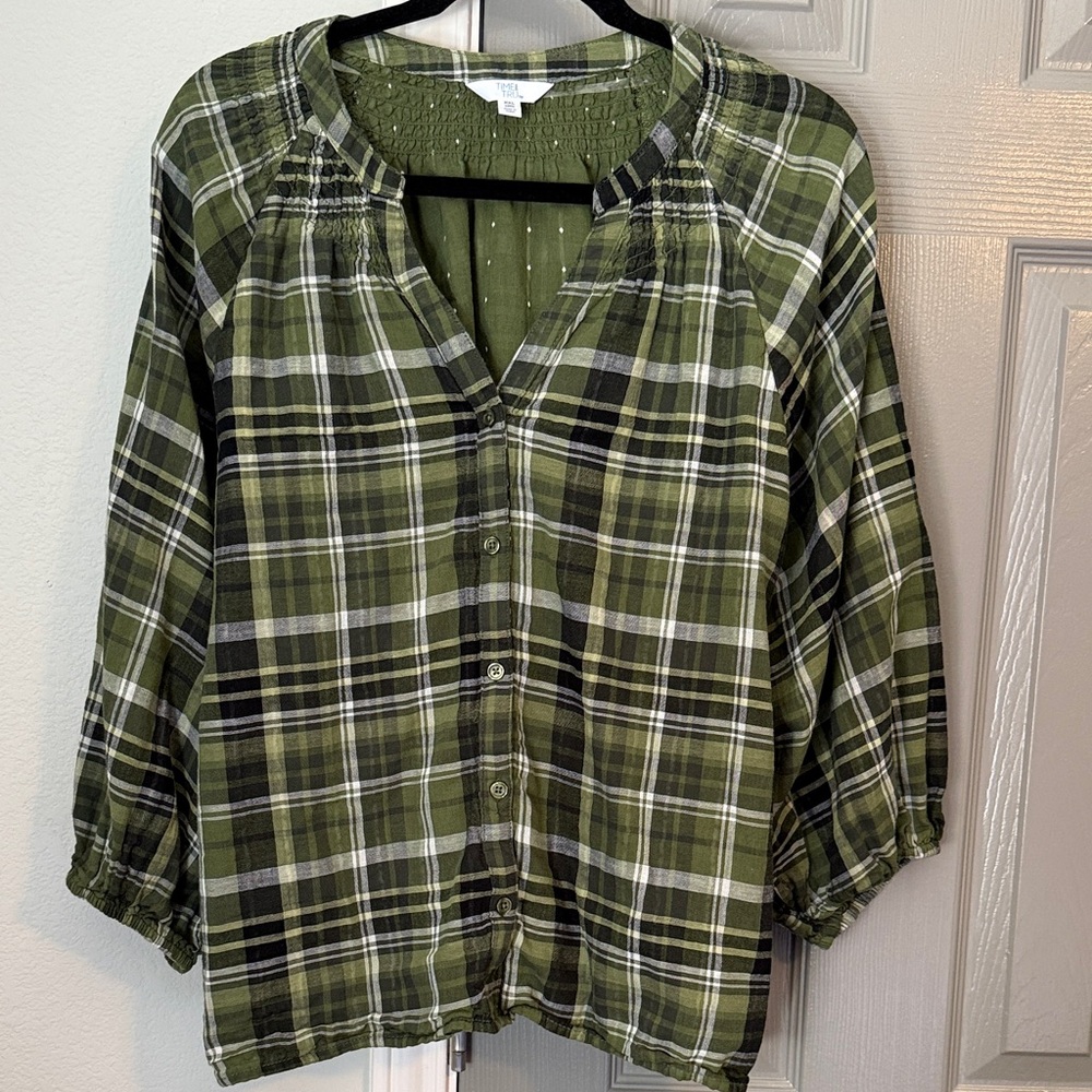 Time and Tru Green Plaid Button-Up Blouse with Three Quarter Sleeves